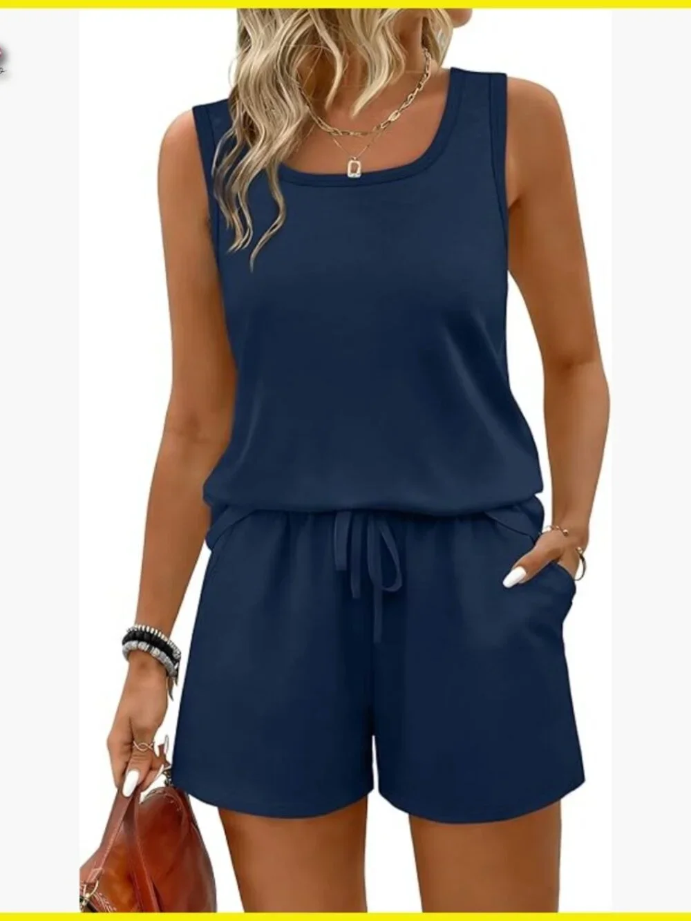Navy Two Piece Lounge Set Sleeveless Tank Square Neck Pocket Shorts Casual